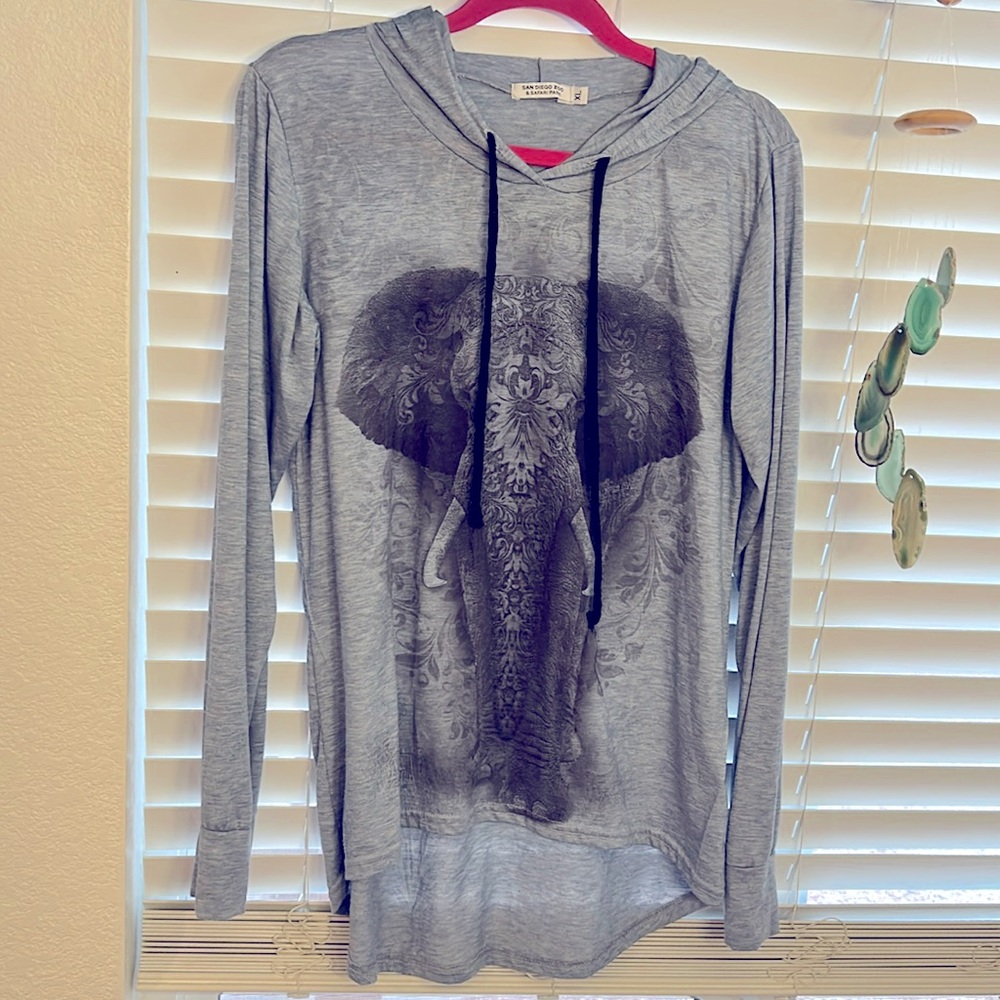 San Diego Zoo Top Graphic Blue Hooded T-Shirt with Elephant Design Size XL Tee